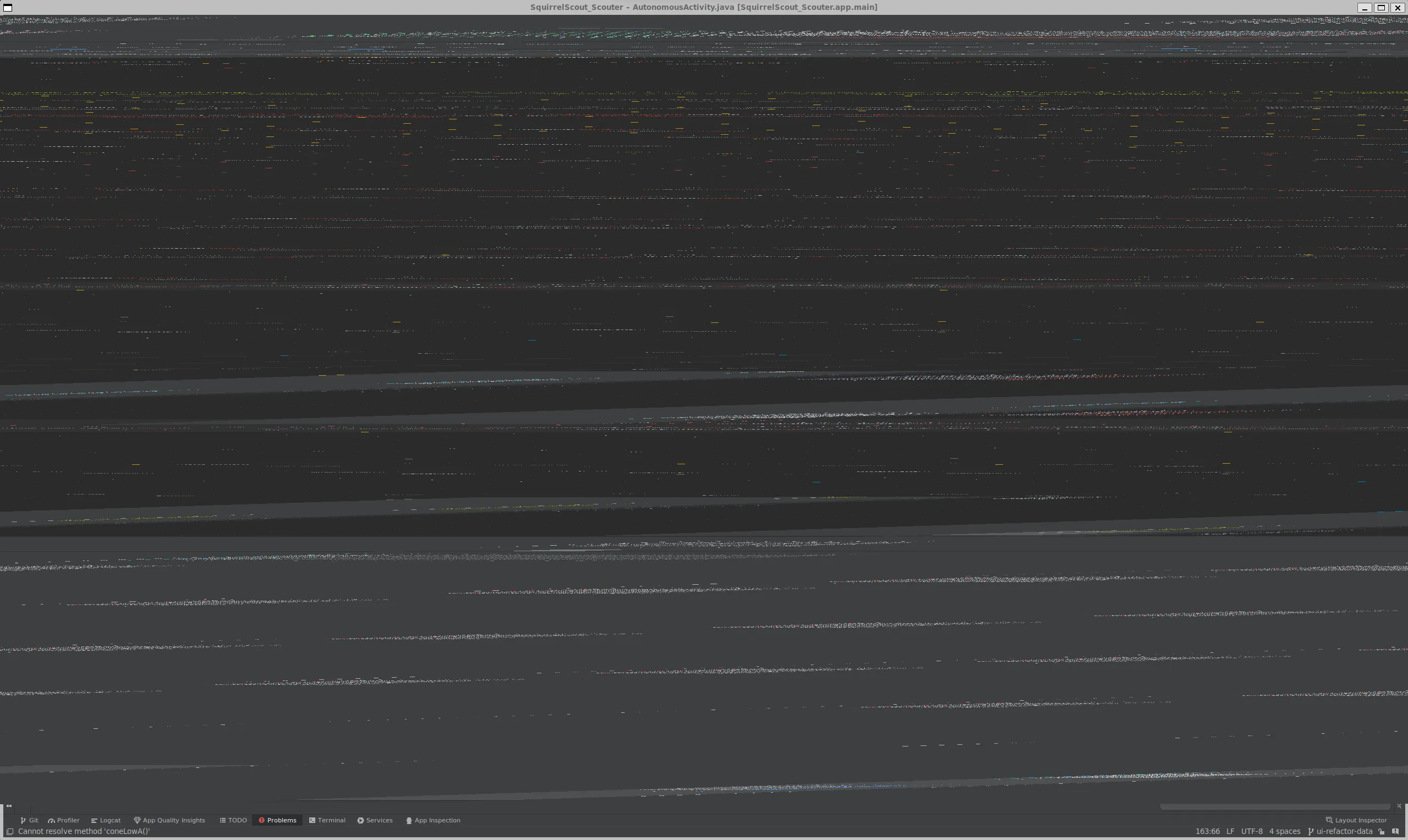 Android Studio with swirly lines that looks like a broken CRT TV from the 1970s